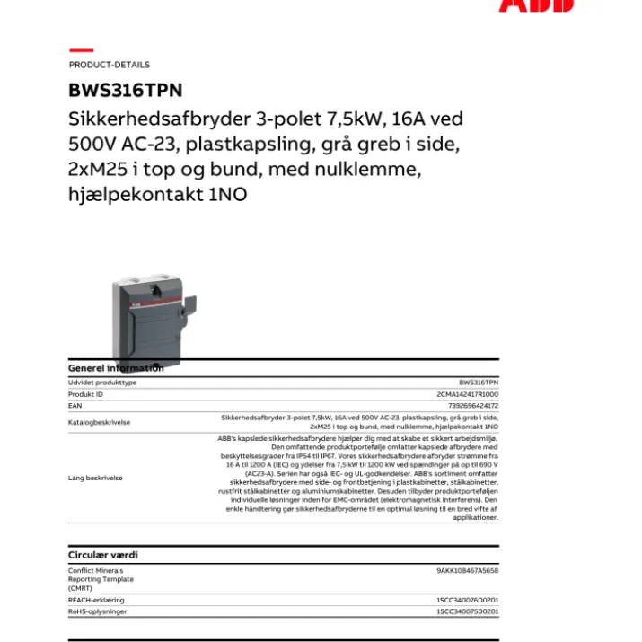 ABB BWS sikkerhedsafbryder, 3P, 1NO, 16A