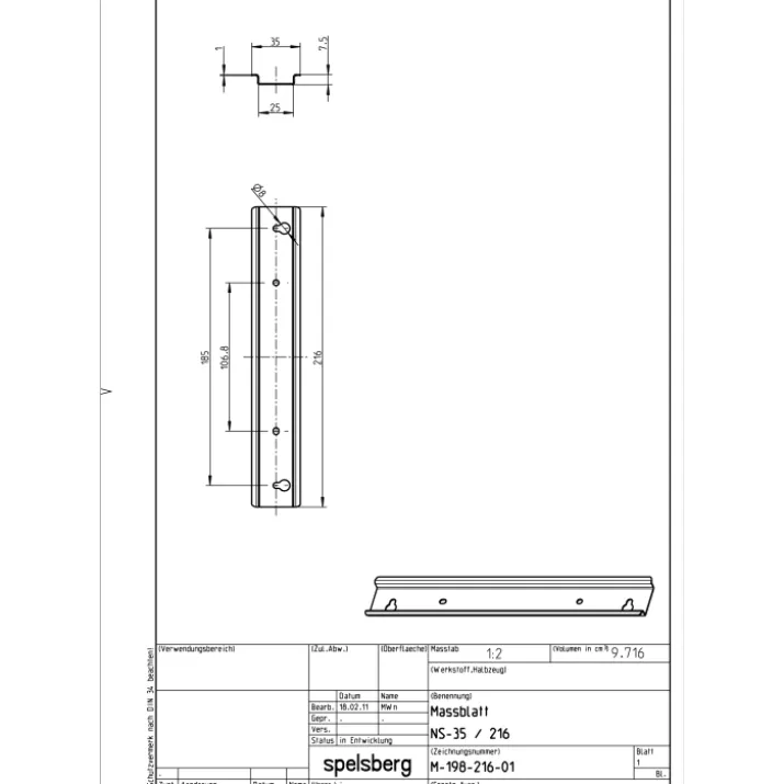 Spelsberg NS 35-216 DIN-skinne, 35x216x7,5 mm