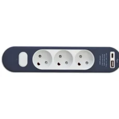 Stikdåse med 3 udtag, med afbryder, med jord, USB-A+C, 1,4 meter