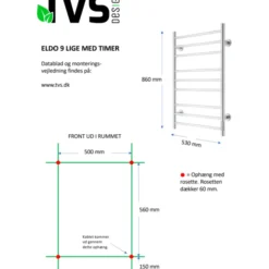 TVS Eldo 9 L håndklædetørrer, el, 53x86 cm, poleret rustfrit stål